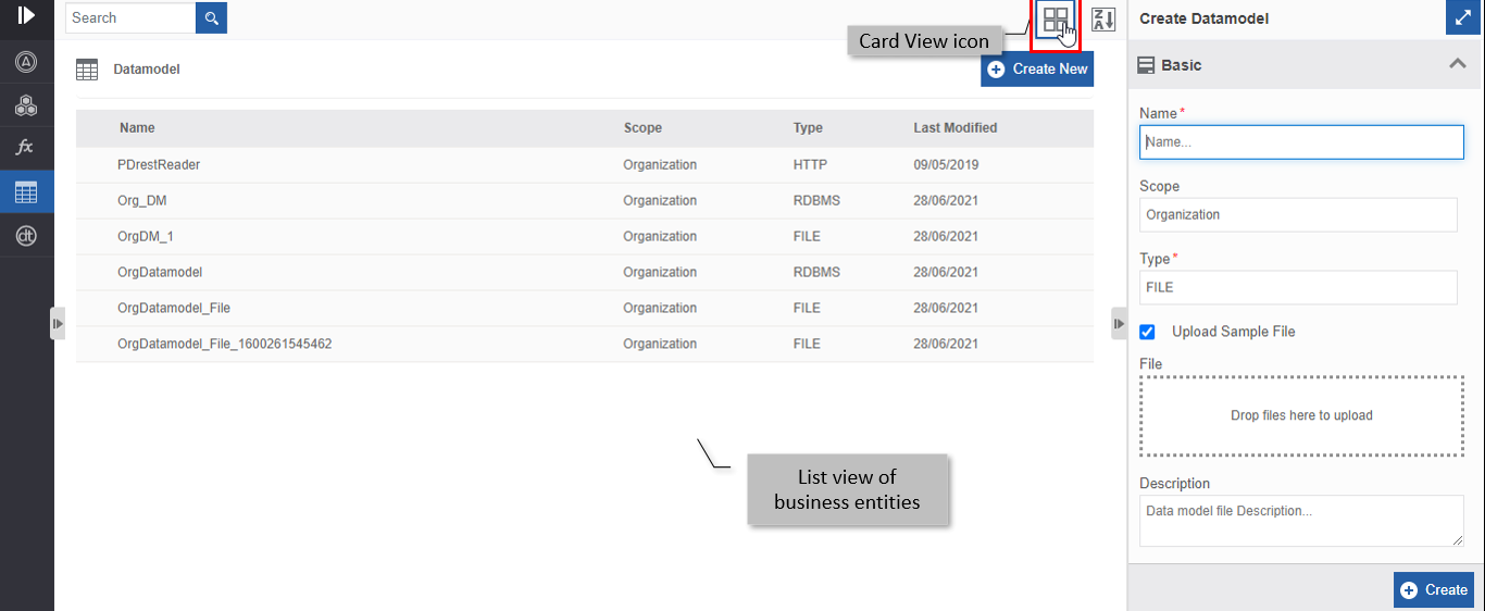 List view with card view icon on toolbar List view with card view icon on toolbar