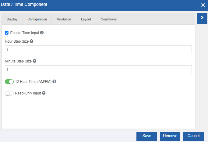 Configuration tab details for the Time component Configuration tab details for the Time component