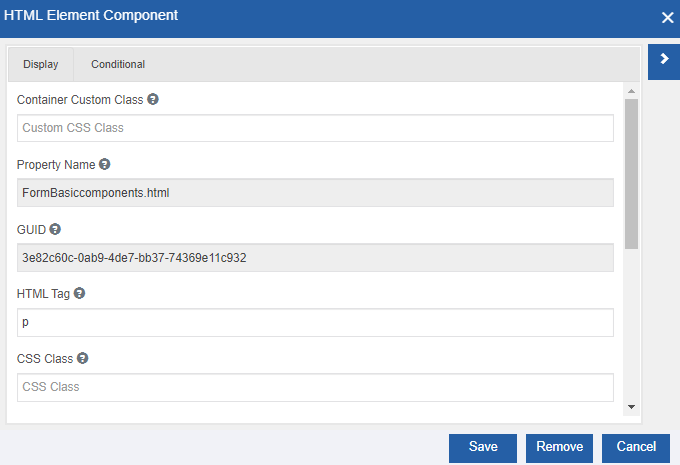 HTML component configuration HTML component configuration