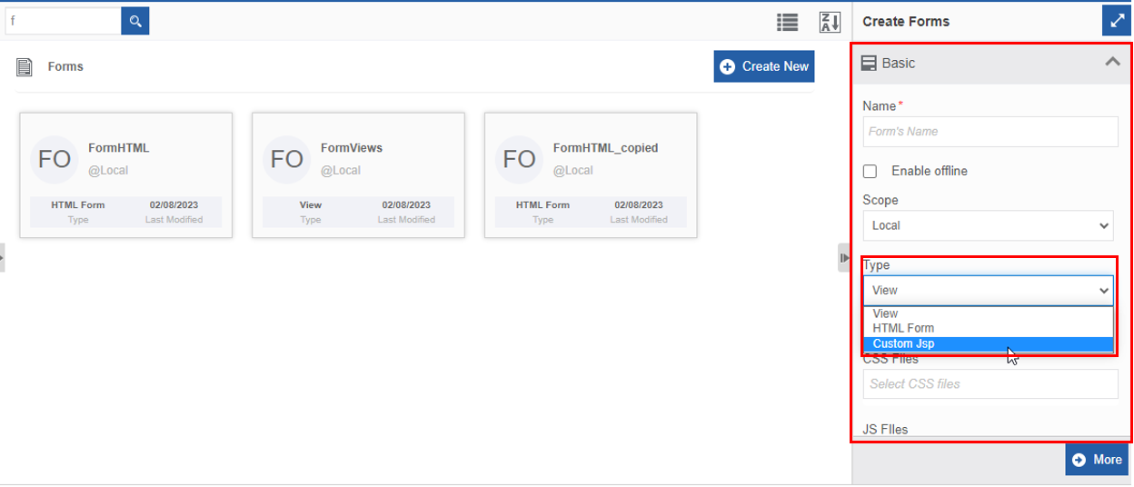 Selecting Custom JSP form type Selecting Custom JSP form type