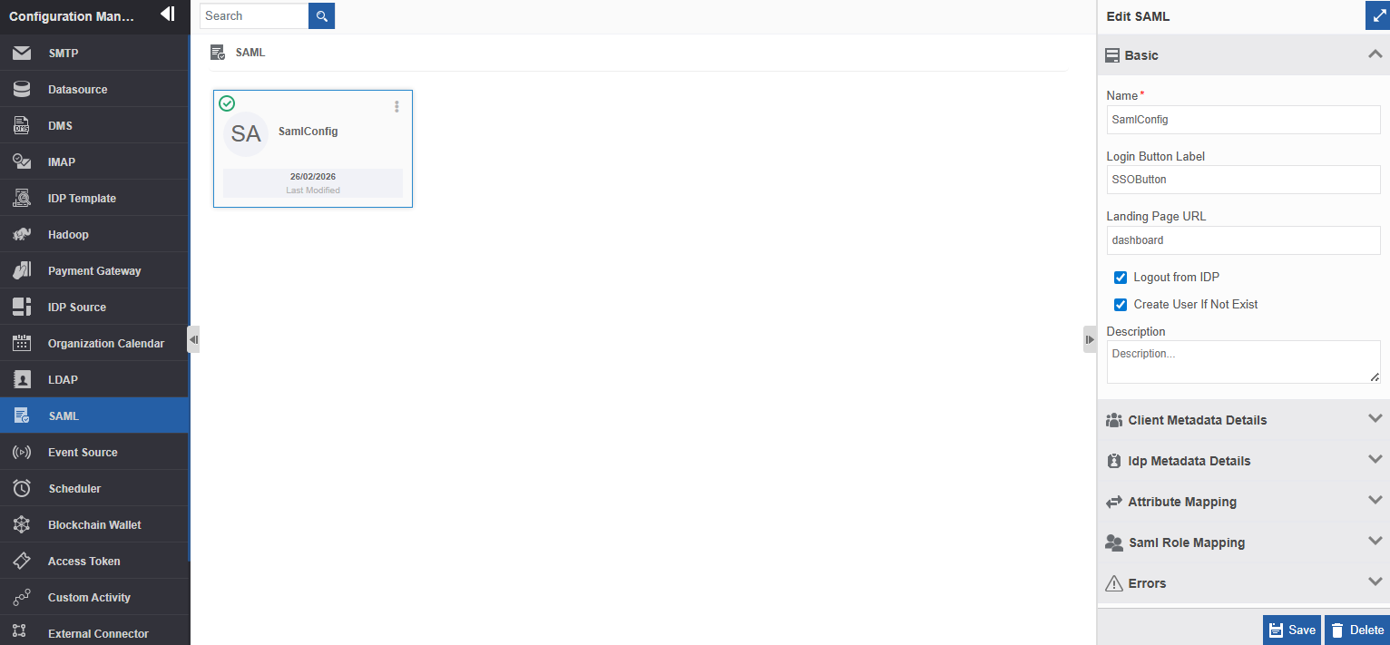 Creating new SAML Configuration Creating new SAML Configuration