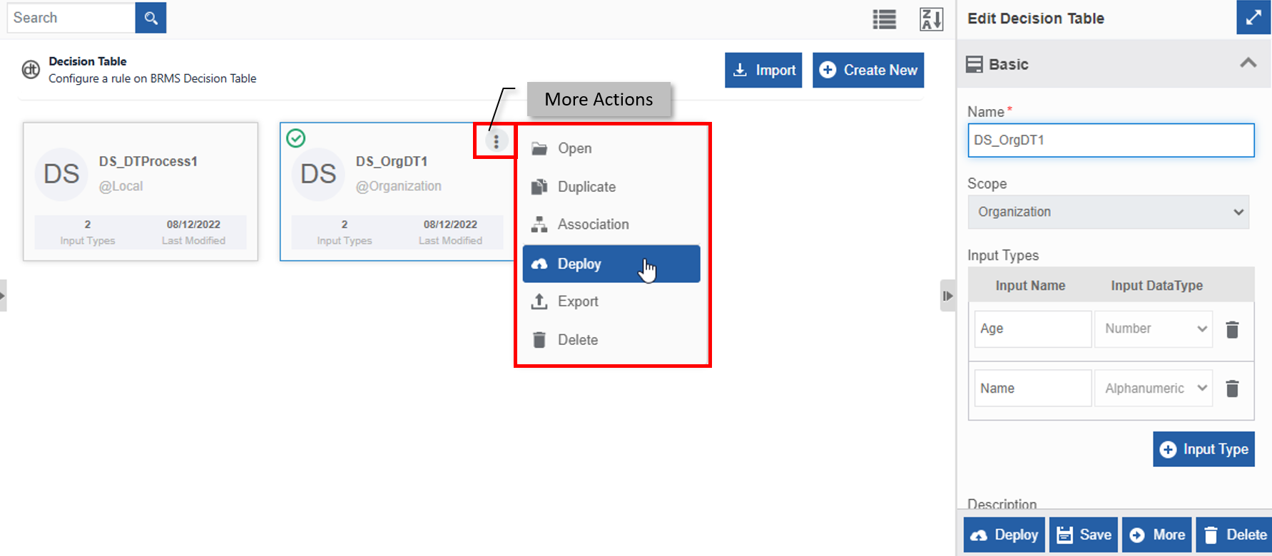 Deploy action in More Actions Deploy action in More Actions