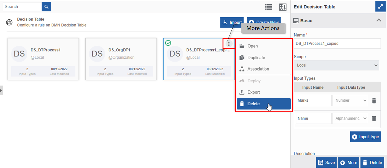 Delete action in More Actions Delete action in More Actions