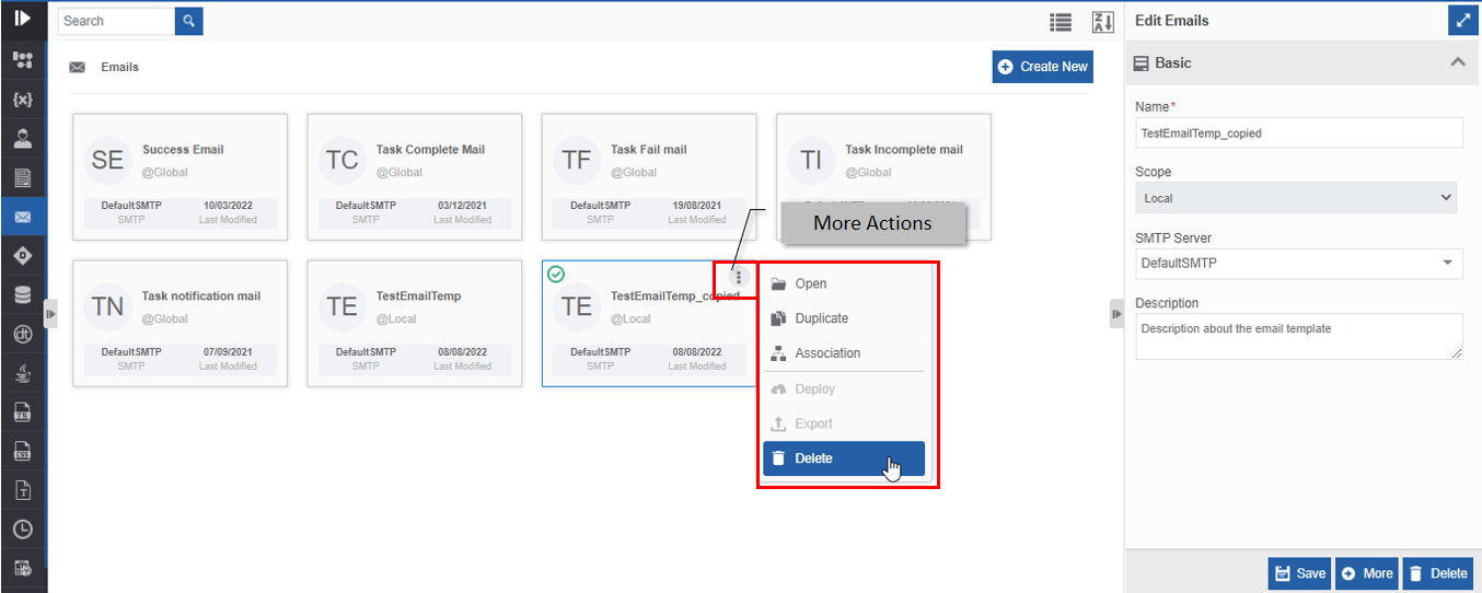 Delete action in More Actions Delete action in More Actions