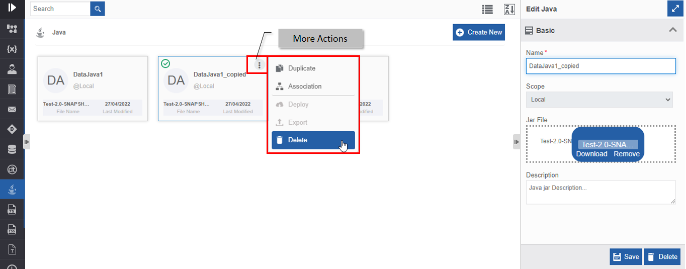 Delete action in More Actions Delete action in More Actions