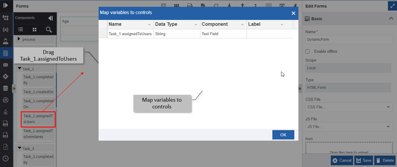 Dragging task “assignedToUsers” variable to form and mapping control to it Dragging task “assignedToUsers” variable to form and mapping control to it