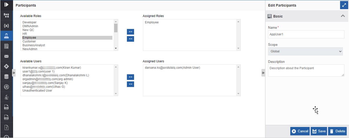 Available Roles and Users section Available Roles and Users section