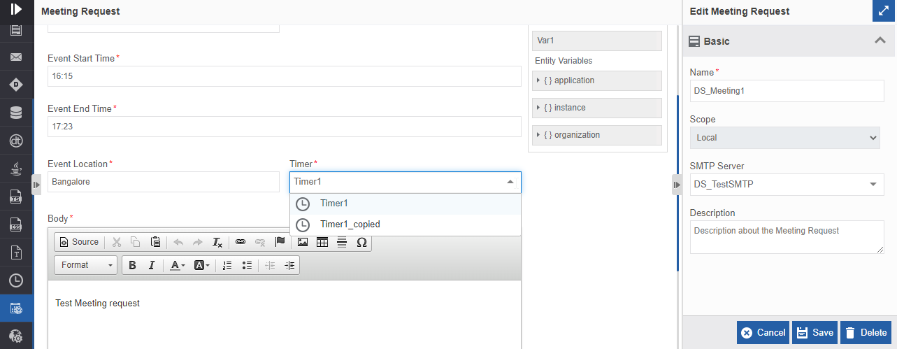 Selecting timer in the Meeting Request template Selecting timer in the Meeting Request template