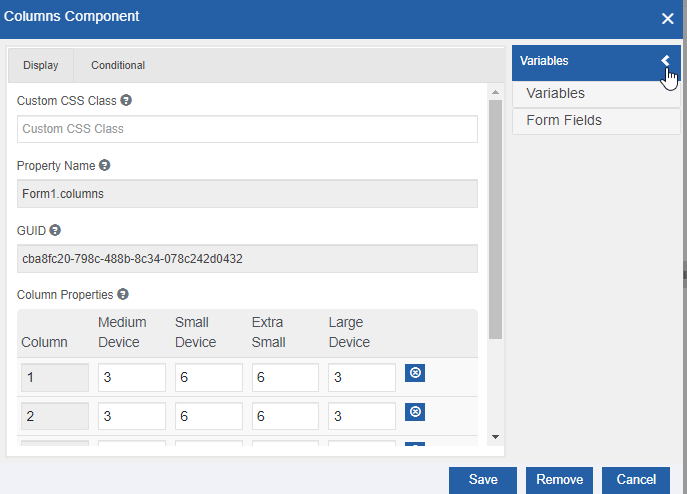 Variable listing in Form component configuration Variable listing in Form component configuration
