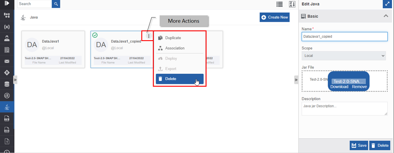 Delete action in More Actions Delete action in More Actions