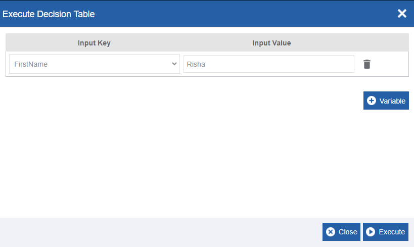 Entering input key and value for the decision table Entering input key and value for the decision table