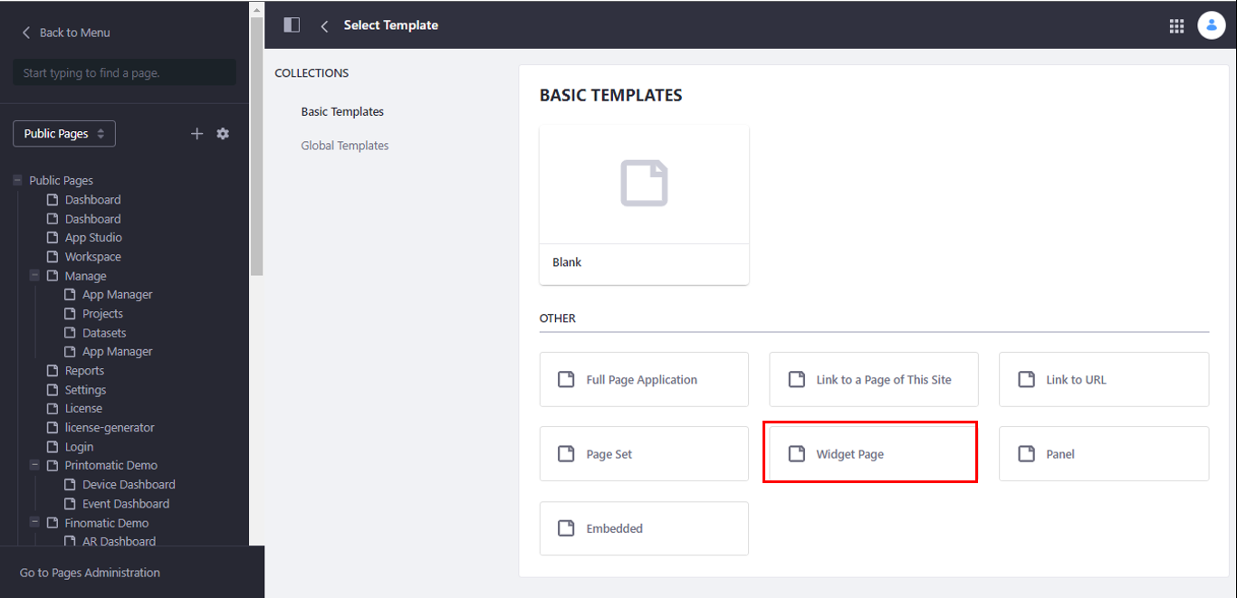 Selecting a template for the page Selecting a template for the page