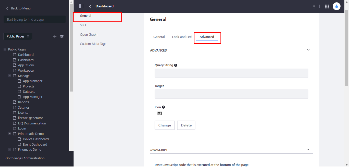 Advanced details for the General page configuration Advanced details for the General page configuration