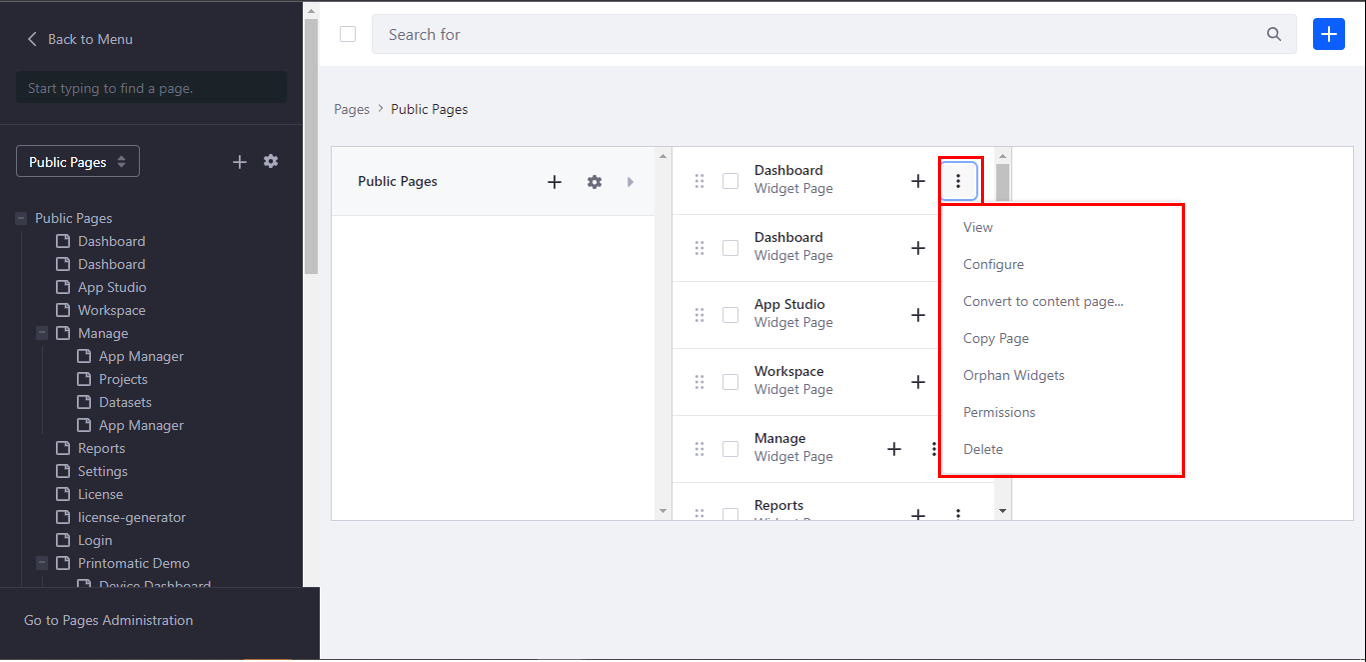 The individual page options The individual page options