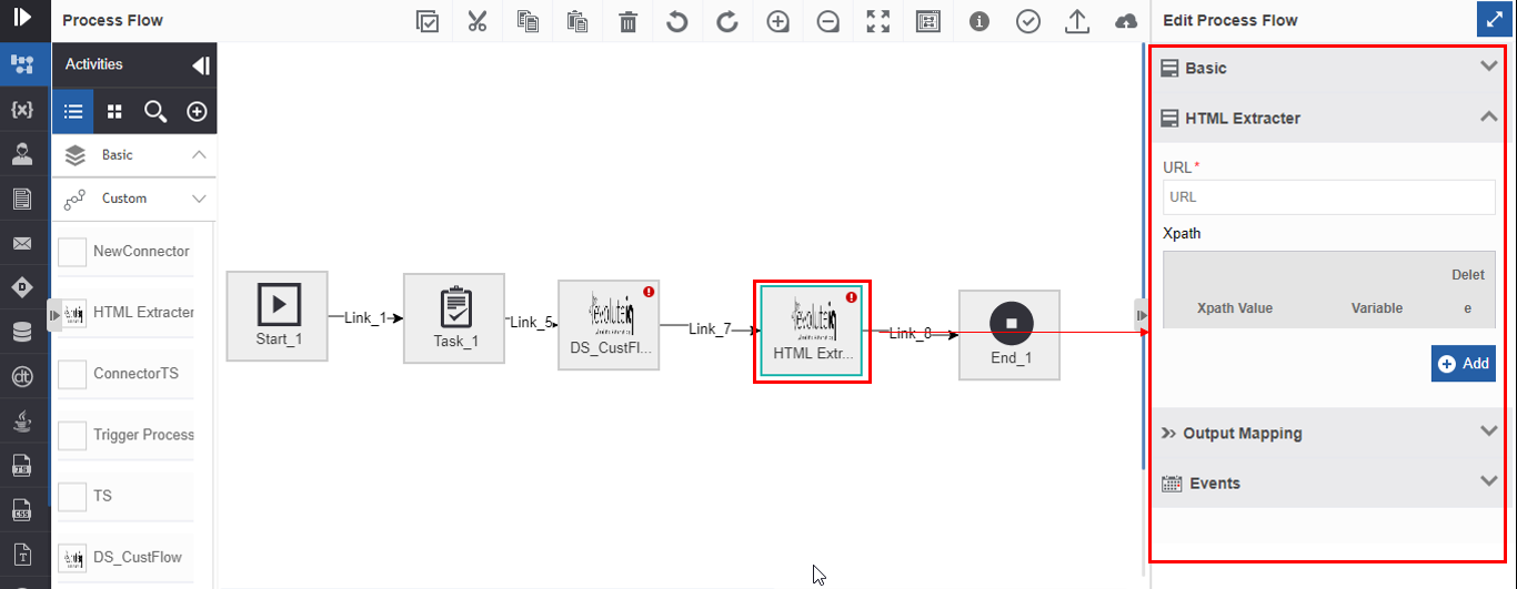 Custom activity in process flow and the configuration detail in the Info Actions Custom activity in process flow and the configuration detail in the Info Actions