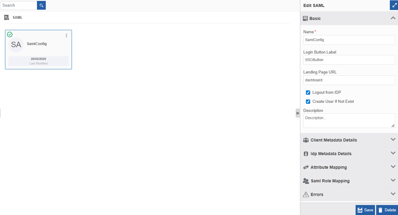 Creating new SAML Configuration Creating new SAML Configuration