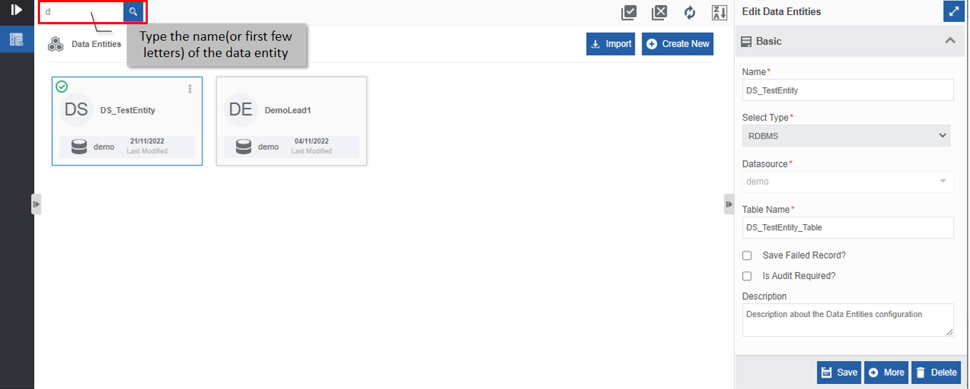 Searching for the data entity Searching for the data entity
