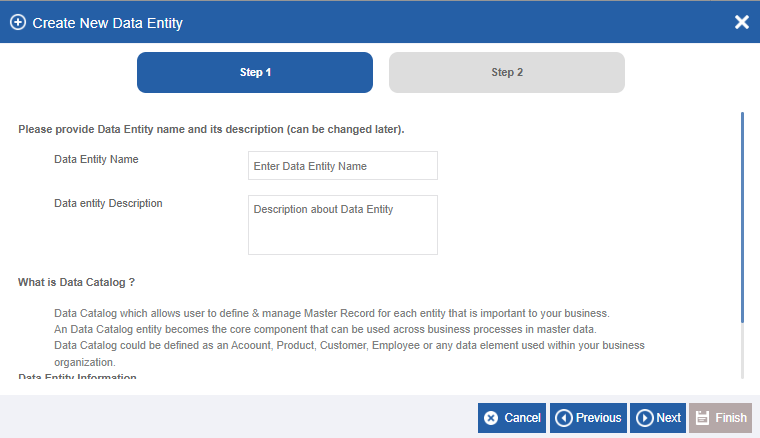 Create Data Entity pop-up Create Data Entity pop-up