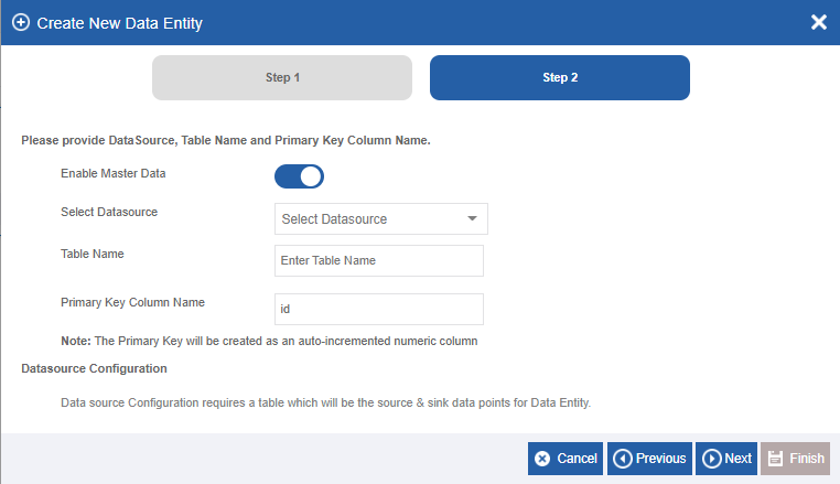 Create Data Entity pop-up Create Data Entity pop-up