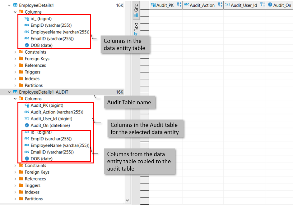 Database (DBeaver) view of data entity Audit table Database (DBeaver) view of data entity Audit table