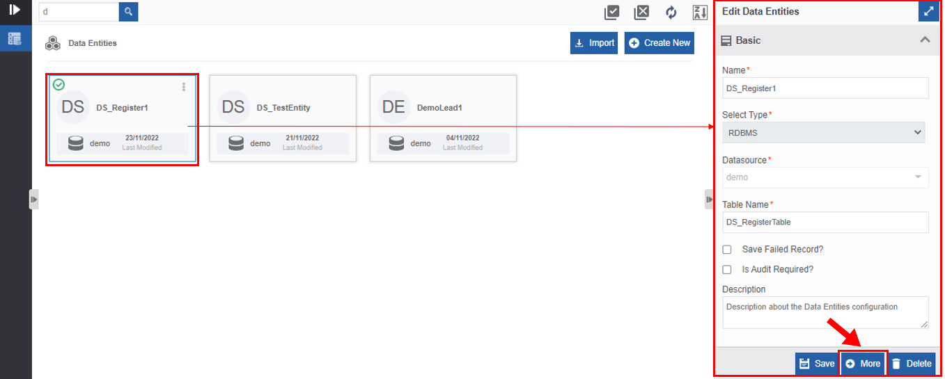 Navigating to data entity configuration details Navigating to data entity configuration details