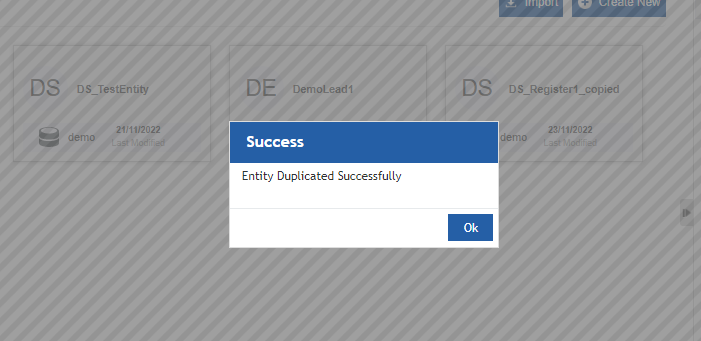 Data entity duplication success page Data entity duplication success page