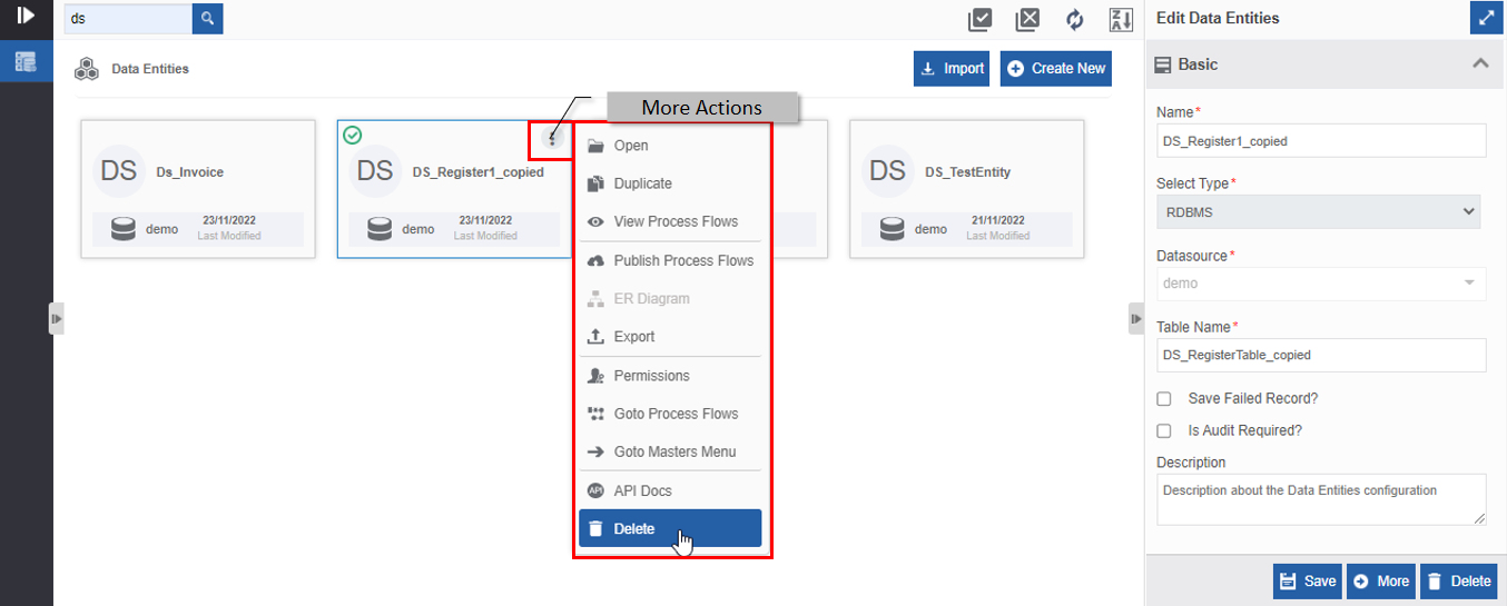 Delete data entity in More Actions Delete data entity in More Actions