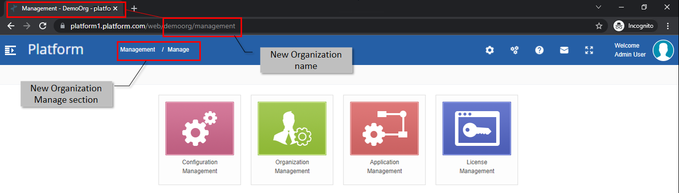 Manage page of the newly created organization Manage page of the newly created organization