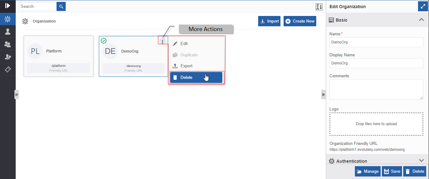 Delete action in More Actions Delete action in More Actions