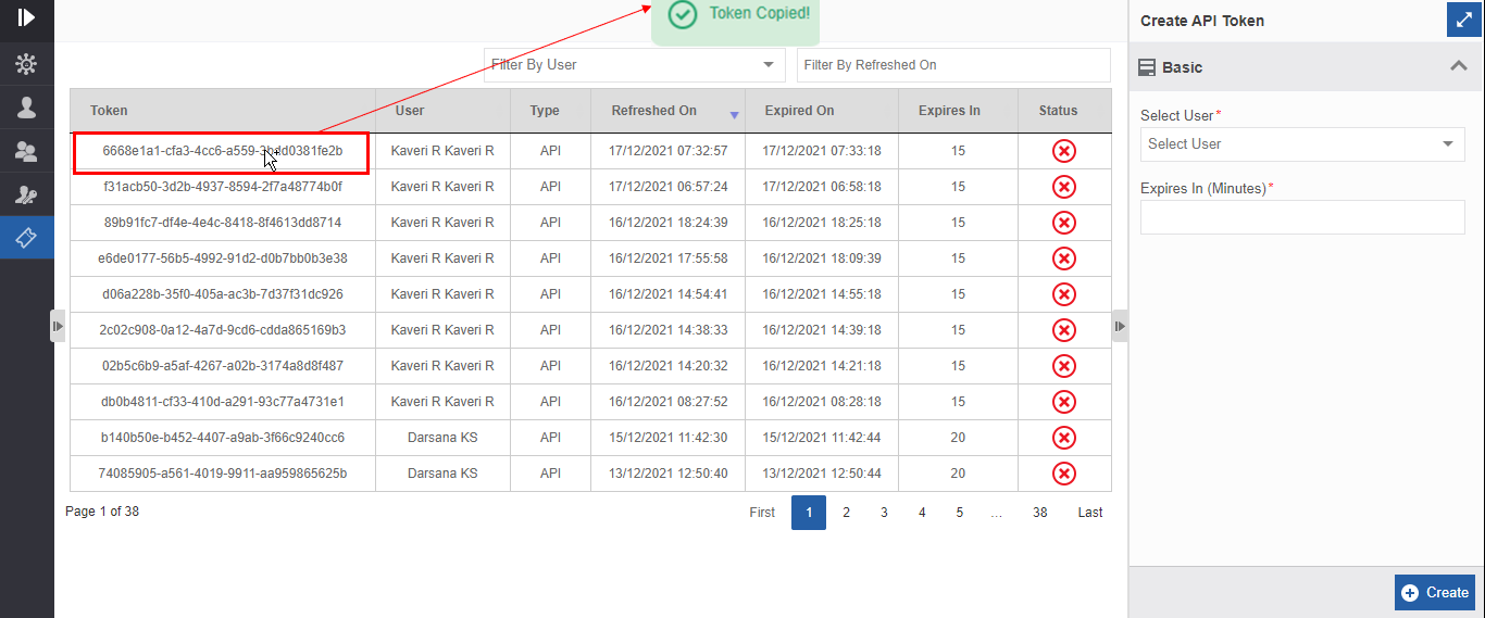 Copying API Token Id Copying API Token Id