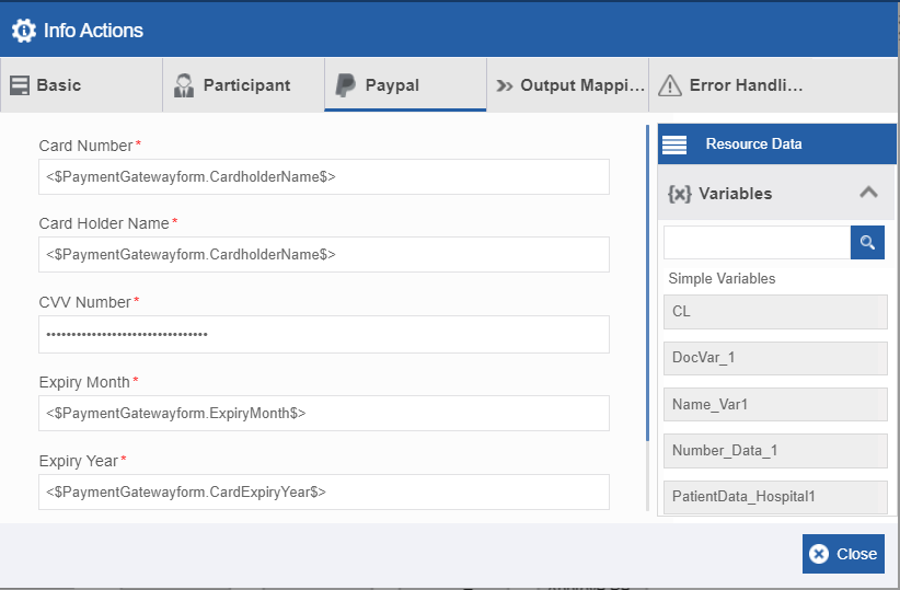 Paypal Info Actions- Fields mapped with variables from the Resource Data Paypal Info Actions- Fields mapped with variables from the Resource Data