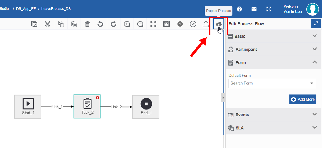 Deploying process from the design canvas Deploying process from the design canvas