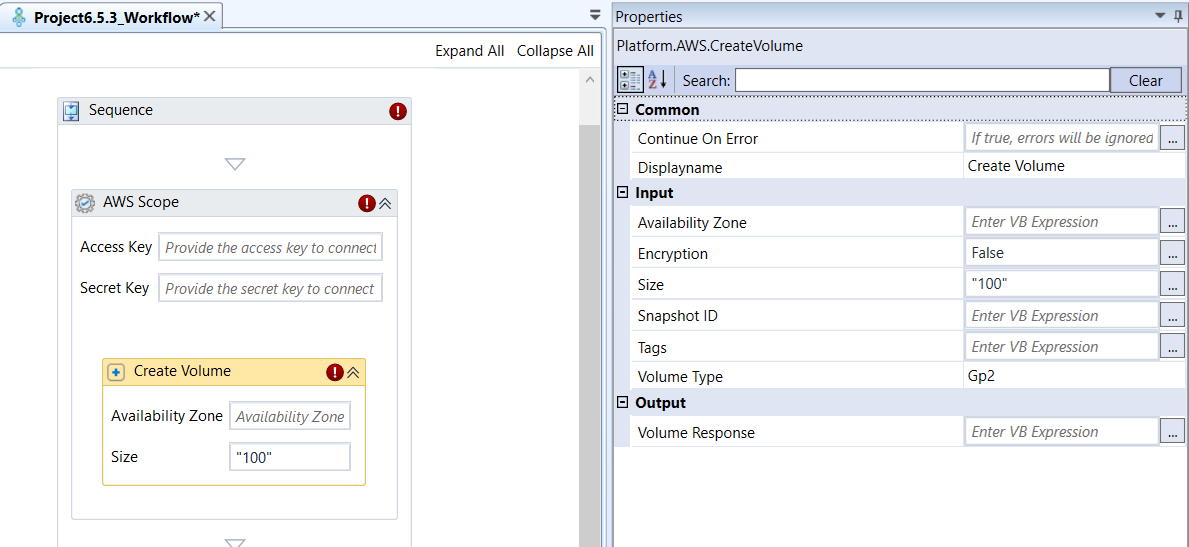 Create Volume activity and properties Create Volume activity and properties