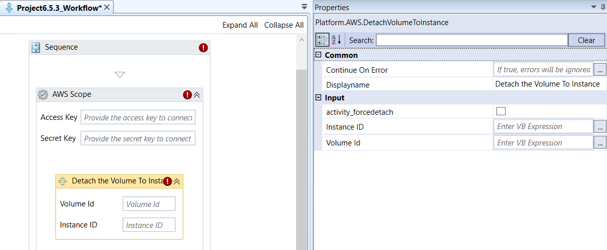 Detach the Volume To Instance activity and properties Detach the Volume To Instance activity and properties