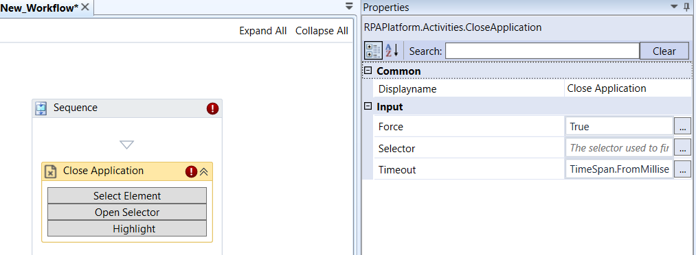 Close Application activity and properties Close Application activity and properties