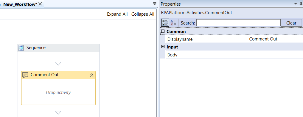 Comment Out activity and properties Comment Out activity and properties