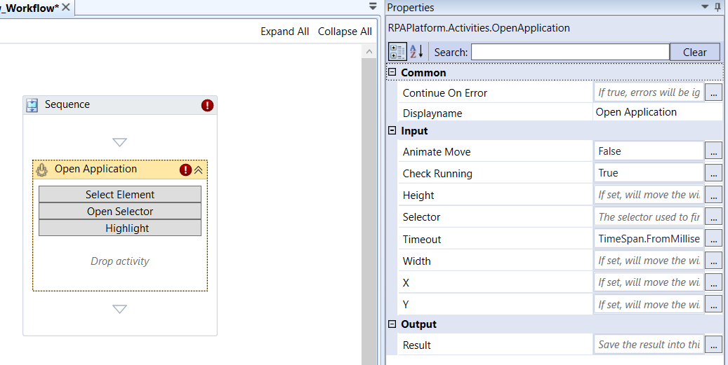 Open Application activity and properties Open Application activity and properties
