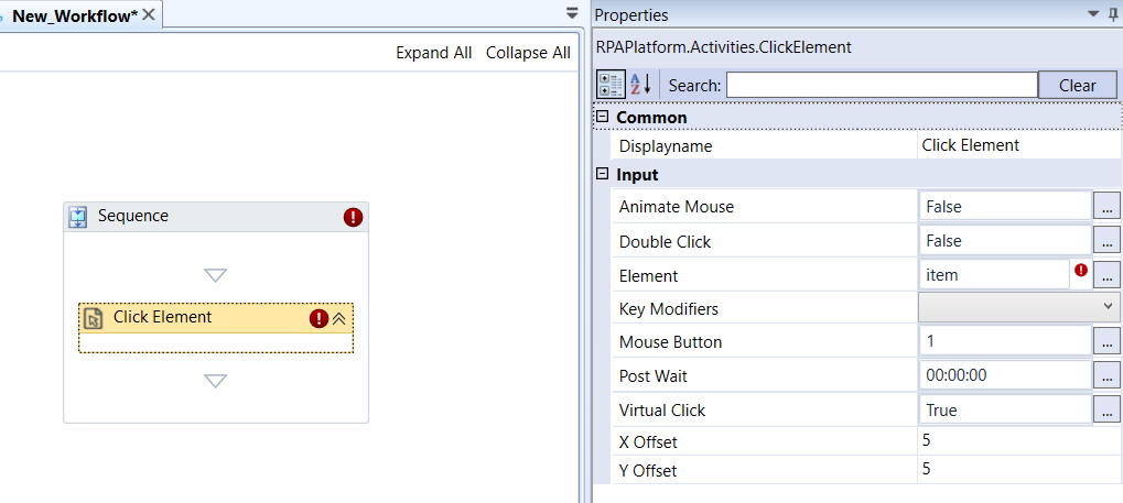 Click Element activity and properties Click Element activity and properties