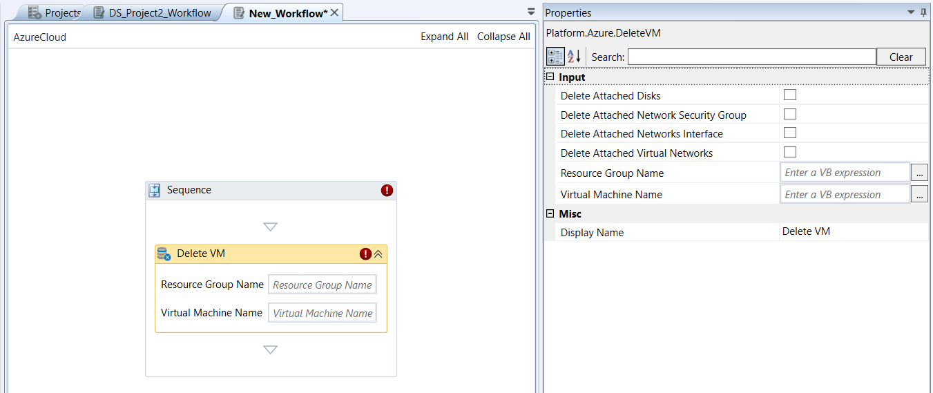 Delete VM activity and properties Delete VM activity and properties