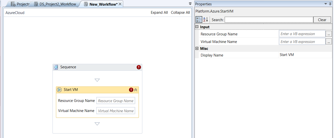 Start VM activity and properties Start VM activity and properties