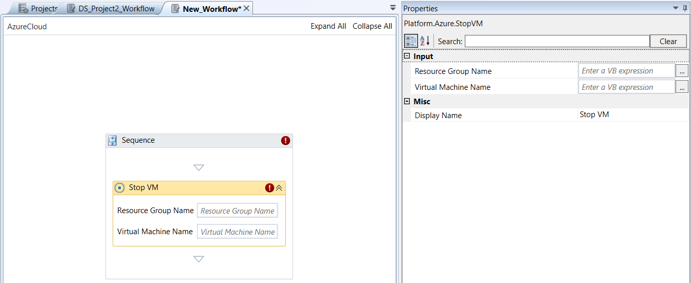 Stop VM activity and properties Stop VM activity and properties