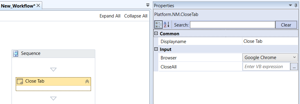 NM.Close Tab activity and properties NM.Close Tab activity and properties