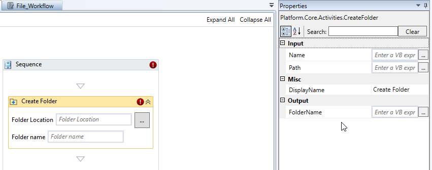 Create Folder activity and properties Create Folder activity and properties