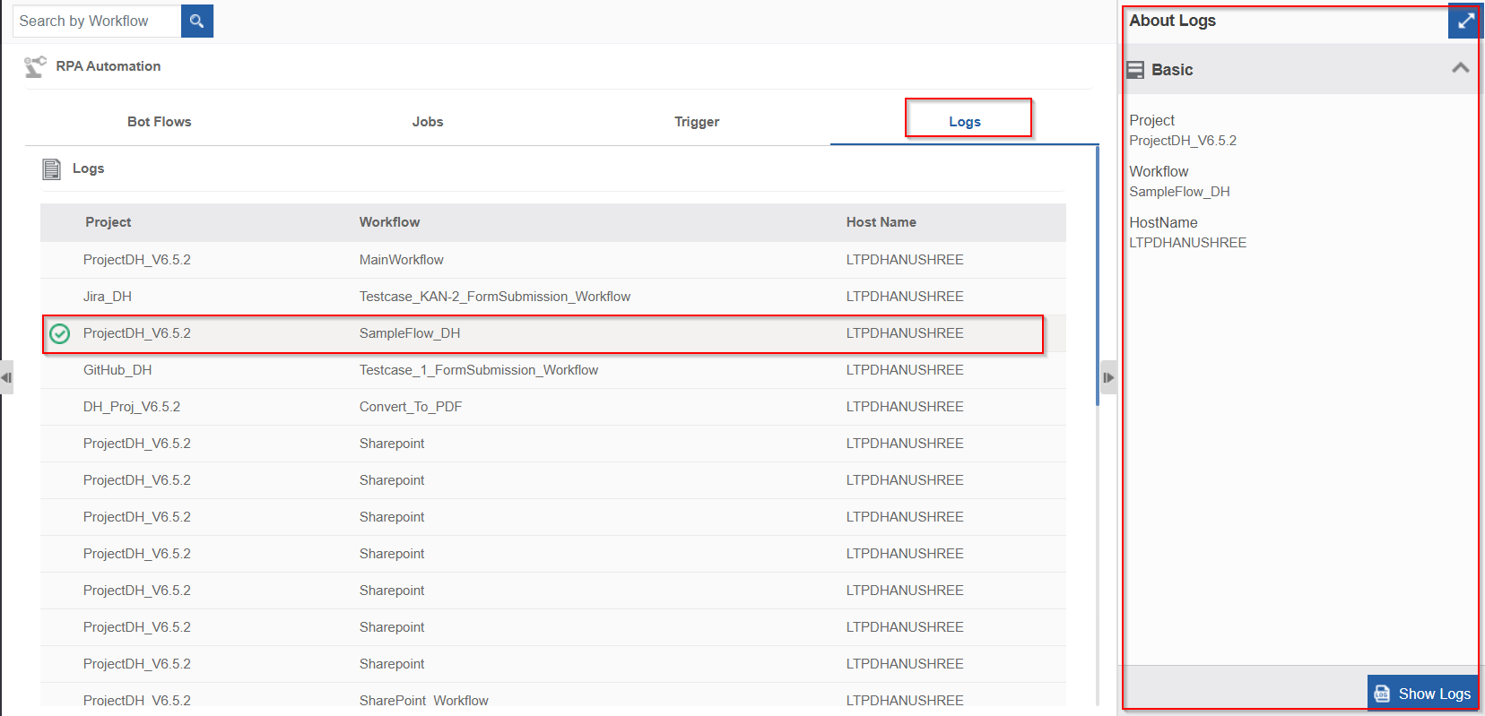 Execution Logs and Details Execution Logs and Details