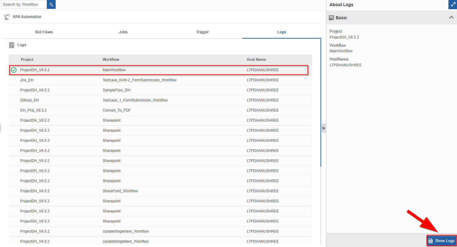Show Logs Show Logs