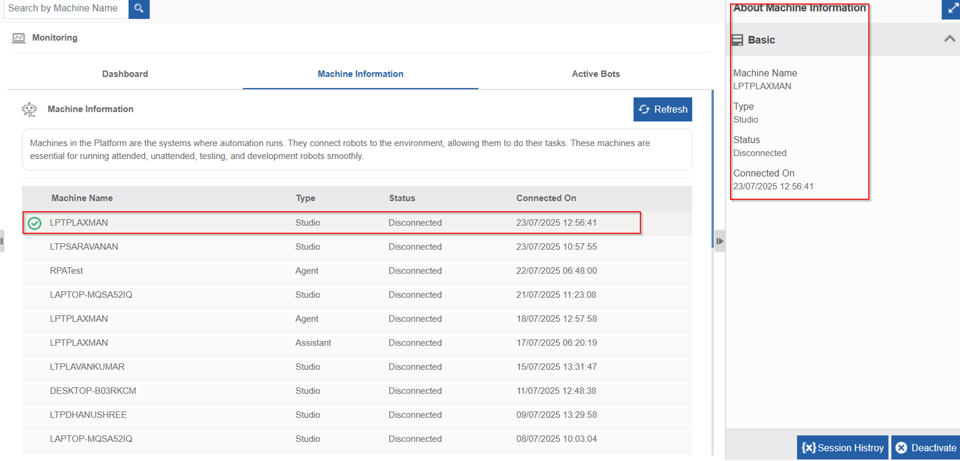 Machine Information with connection history Machine Information with connection history