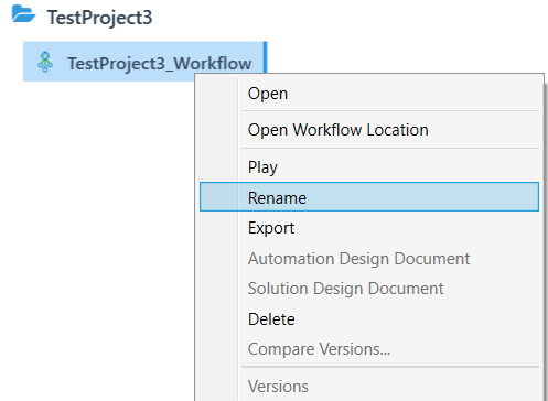 Rename option in the Workflow right-click Rename option in the Workflow right-click