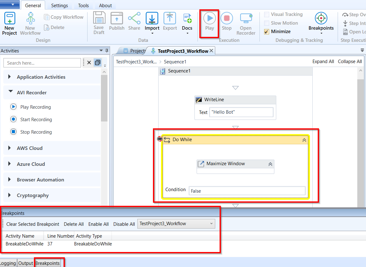 Executing workflow with breakpoints Executing workflow with breakpoints