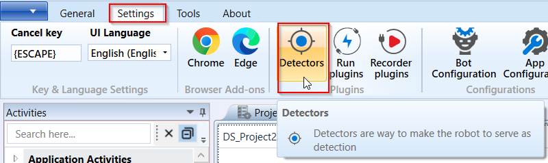 Settings > Detectors Settings > Detectors