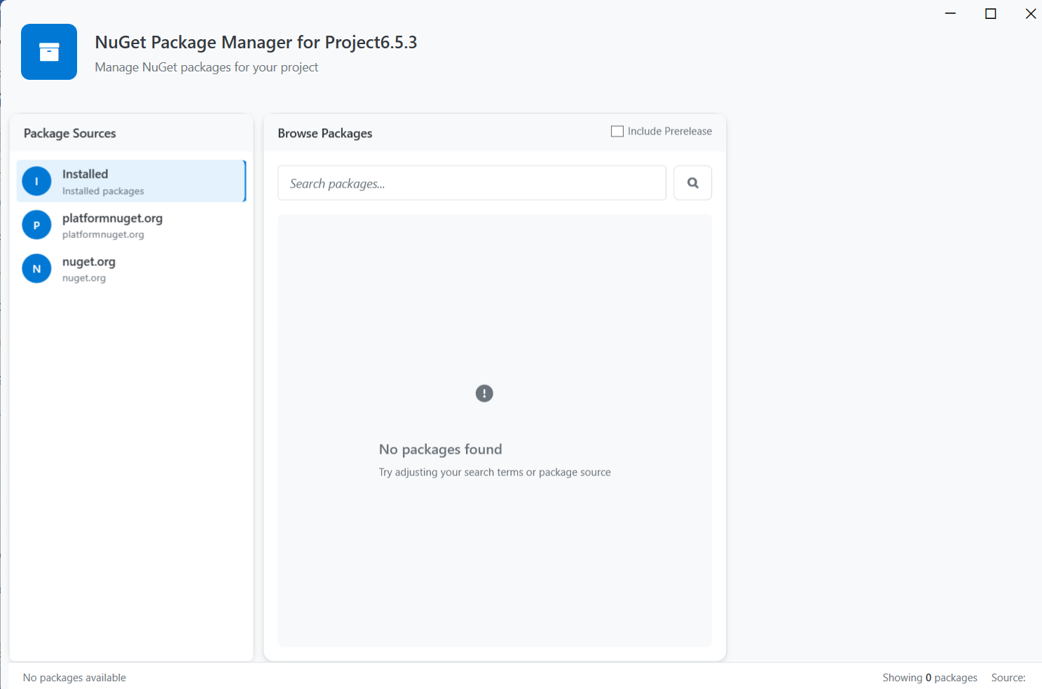 NuGet Packet Manager for the selected Project NuGet Packet Manager for the selected Project